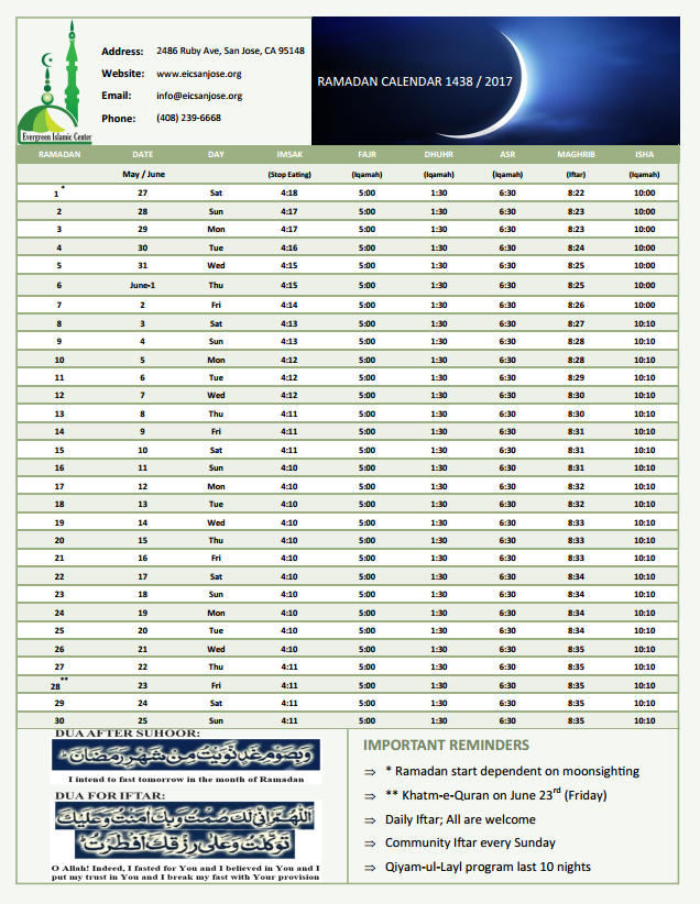 Calendar Evergreen Islamic Center